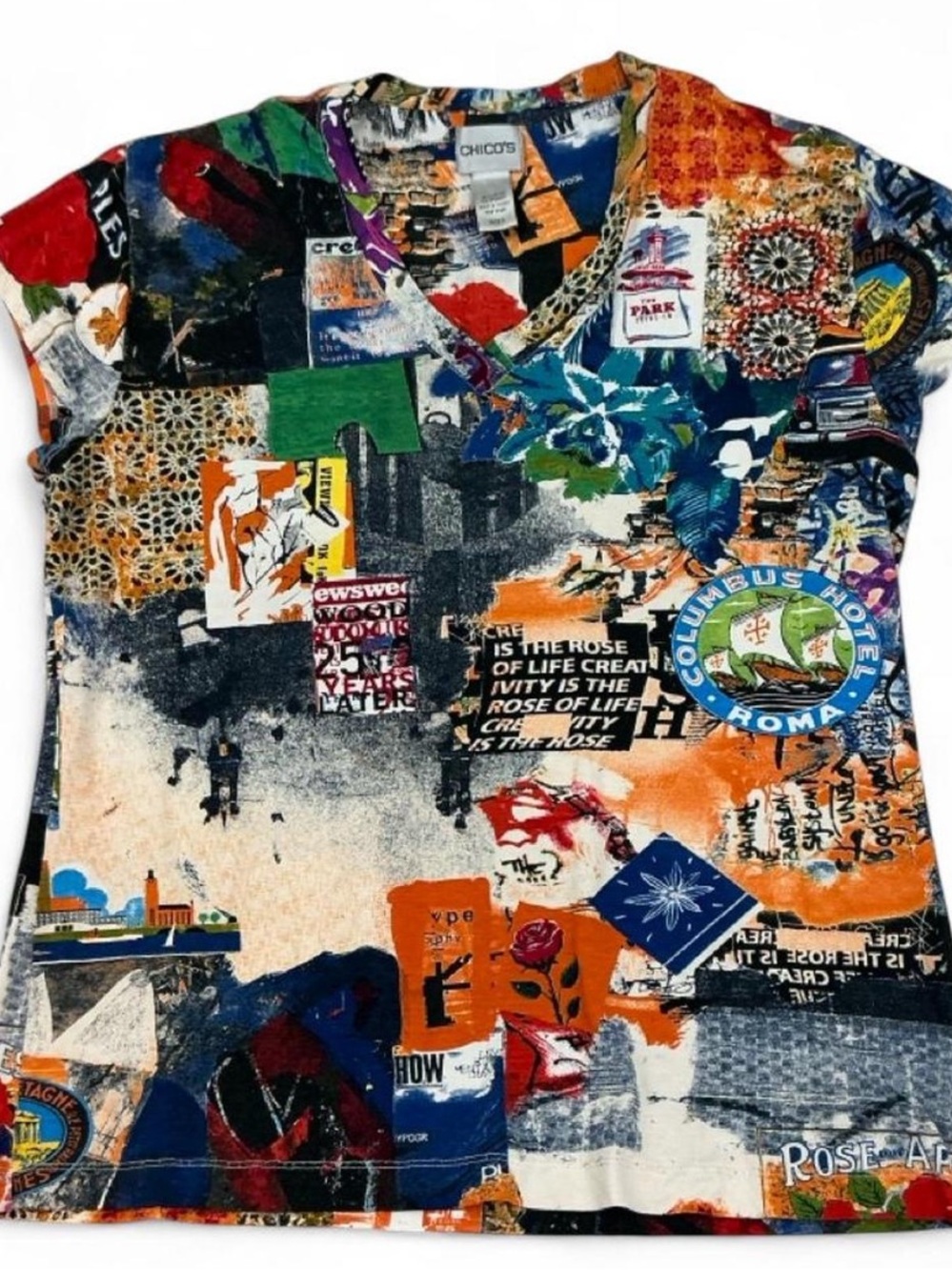 Chico's Multicolor Travel Patchwork V-Neck Tee — Orange Blue Green Cream